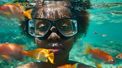 African American woman swimming under water with googles swimming with lots of Marine life in water Multiexposure, vibrant colors - obrazy, fototapety, plakaty