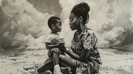 An airbrush black and white oil painting of a African American woman and her son  - obrazy, fototapety, plakaty