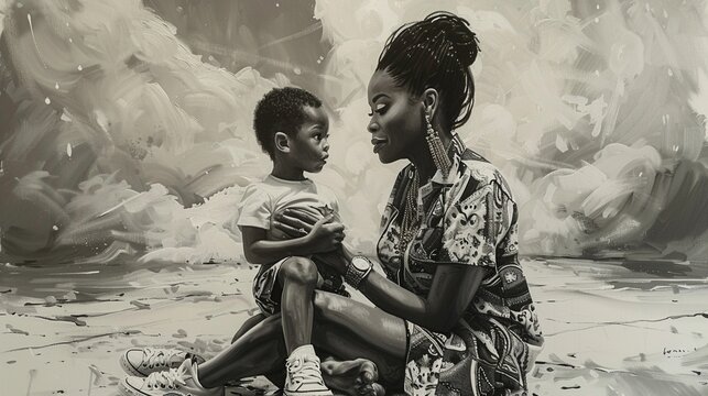 An airbrush black and white oil painting of a African American woman and her son 