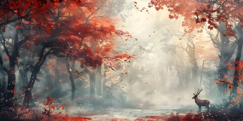 Captivating Autumn Landscape with Deer Emerging from Misty Forest