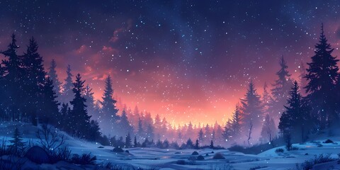 Fototapeta premium Enchanting Snow Clad Forest Under a Glittering Starry Sky on Winter Solstice Night