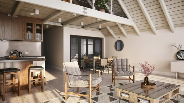 Living room inside a large home with mezzanine and high wooden ceiling. 3D render.
