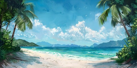 Tranquil Tropical Paradise Inviting Beach with Crystal Clear Ocean and Swaying Palm Trees - obrazy, fototapety, plakaty