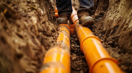 Naklejka premium Worker Installing Underground Pipes