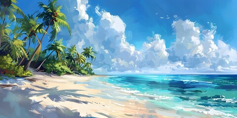 Fototapeta na wymiar Captivating Tropical Beach Landscape with Palm Trees Clear Ocean and Serene Sky