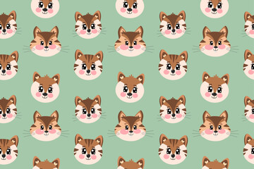 Seamless pattern with flat kawaii cute little face, head of tiger, fox and chipmunk face for children isolated on green background