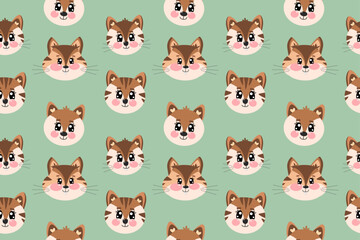 Seamless pattern with flat kawaii cute little face, head of tiger, fox and chipmunk face for children isolated on green background