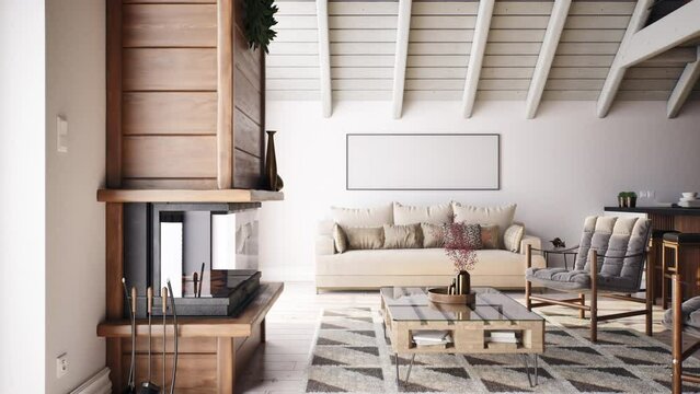 Large living room and kitchen with high wooden ceiling, camera moves to the side. 3D render.