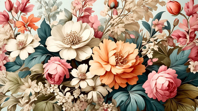 Fototapeta Beautiful fantasy vintage wallpaper botanical flower bunch,vintage motif for floral print digital background