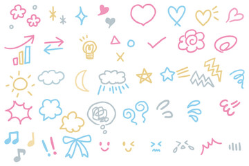 シンプルでかわいい手描きの感情表現の装飾イラストセット
