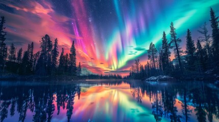 Northern lights circling over a dense forest and a calm lake - obrazy, fototapety, plakaty