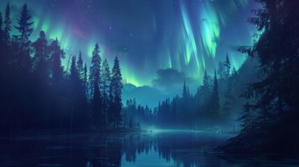 The vibrant hues of the northern lights illuminate the night sky over the dense, dark forest and calm lake