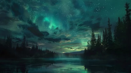 Foto auf Alu-Dibond Northern lights circling over a dense forest and a calm lake © AlfaSmart