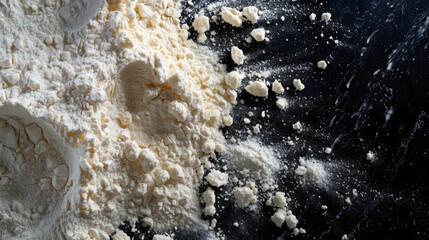 Wheat flour scattered on a black background