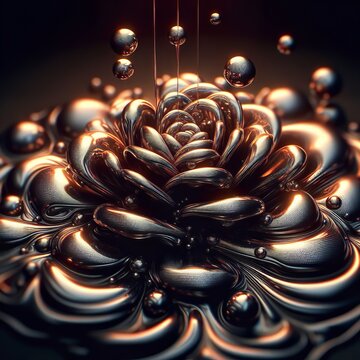 Glowing Metallic Abstract Flower Amidst Floating Illuminated Spheres on Dark Background