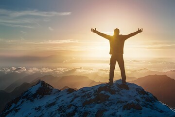 Man embraces mountain summit, arms outstretched, conquering heights