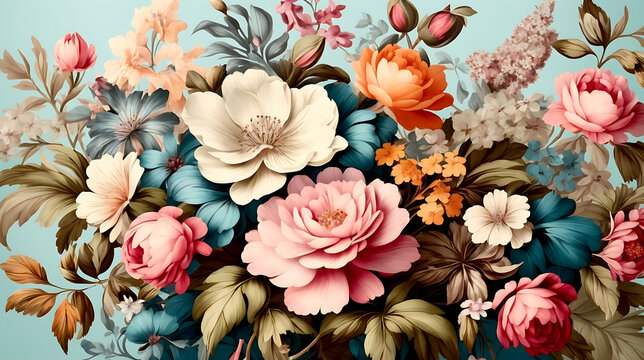 Fototapeta Beautiful fantasy vintage wallpaper botanical flower bunch,vintage motif for floral print digital background