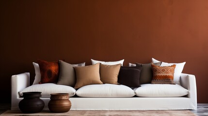 Accent pillows in earthy tones complementing the minimalist aesthetic of the white sofa against the bold backdrop of the umber wall.