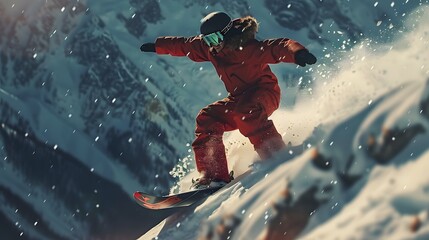 An athlete in a ski suit, he plunges down the slopes of a snowy mountain. gopro camera, in a photo journalism. For sport, snow, skiing