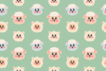 Seamless pattern with cute kawaii alpaca, lamb, ewe, sheep face, head for nursery, print or textile for kids on green background. Vector illustration for kids, baby, childrens