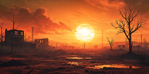 A post-apocalyptic landscape at sunset, with a large, orange sun setting behind a desolate town filled with rubble and abandoned buildings.