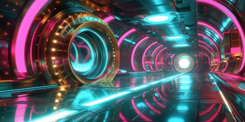 Tunnel als futuristischer Hintergrund in bunten leuchtenden Neon Farben mit Chrom für Webdesign und Druckvorlage