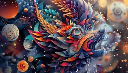 Craft a digital rendering of mystical creatures in a cubism-inspired design Focus on intricate details and a dynamic composition to create a modern yet enchanting feel - obrazy, fototapety, plakaty