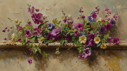   A window sill adorned with purple and yellow blooms, and verdant foliage