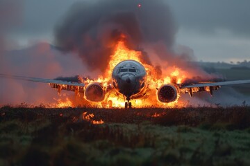 An intense image showing a plane with its front engulfed in flames against a smoke-filled background - obrazy, fototapety, plakaty