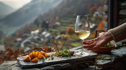   A person holds a wineglass beside a laden plate on a table, gazing at the picturesque valley view