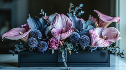   A black vase holds a bouquet of pink and purple flowers on a marble countertop, situated in front of a window - obrazy, fototapety, plakaty