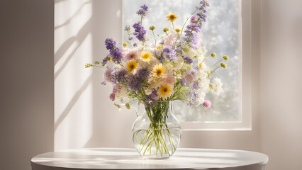 A warm and cozy image of a transparent water bottle filled with wild flowers on a table.