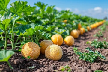 Bright photo of ripe yellow melons growing in a sunlit field on a beautiful sunny day