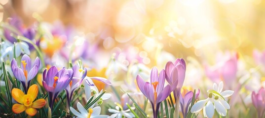 Colorful crocuses and snowdrops blooming in the garden, with a blurred background. Spring flowers. Beautiful nature scene with space for text or design. Close up of spring flowers on a sunny day. 