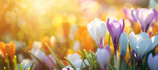 Colorful crocuses and snowdrops blooming in the garden, with a blurred background. Spring flowers....