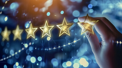Hand touching a five-star rating system with a glowing digital interface and bokeh light background. Conceptual image representing customer satisfaction, quality service, and feedback - obrazy, fototapety, plakaty