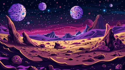 Cartoon illustration of craters lining the surface of alien planet on background of deep cosmos sky and space bodies. Fantasy landscape of space objects for exploration concept. - obrazy, fototapety, plakaty