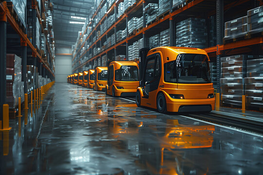 A fleet of autonomous forklifts navigating seamlessly through a warehouse, using AI-powered sensors and cameras to safely maneuver around obstacles and retrieve goods from shelves