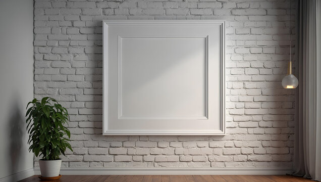 A blank mockup frame hangs on the wall in 3D render style. illustration generative ai