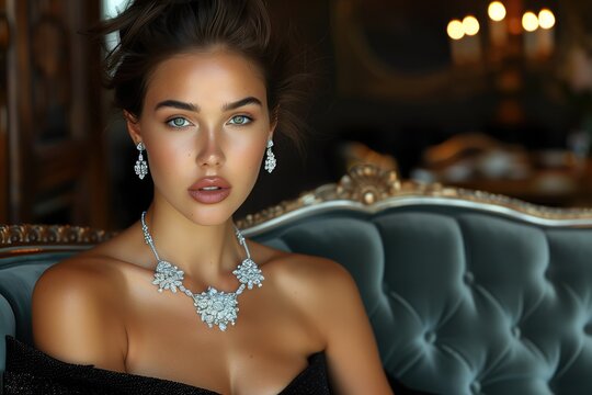 A glamorous woman lounges on a velvet sofa, wearing a stunning diamond necklace and earrings, exuding confidence and sophistication in a luxurious setting
