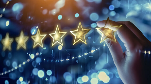 Hand touching a five-star rating system with a glowing digital interface and bokeh light background. Conceptual image representing customer satisfaction, quality service, and feedback