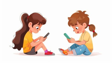 Children playing with mobile phones. Cartoon modern illustration set of cute little girls and boys using smartphones. New gadget for online study or device addicts.