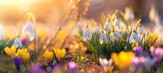 Colorful crocuses and snowdrops blooming in the garden, with a blurred background. Spring flowers....