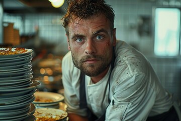 A chef looking seriously into the camera, with sweat and food splatters on his face and apron, holding stacked dirty plates - obrazy, fototapety, plakaty