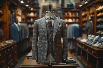 Classic and stylish men's suit displayed on a mannequin in a sophisticated clothing store interior - obrazy, fototapety, plakaty