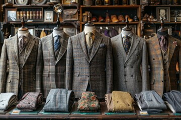 Naklejka premium A lineup of mannequins displaying various elegant patterned suits and accessories in a well-organized fashion store