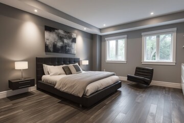 Modern bedroom in a minimalist style in white and gray with a bed, dressing room, lighting from the ceiling	
