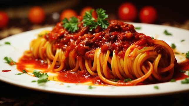 Delicious spaghetti rolled with chili sauce on white plate in the kitchen room.