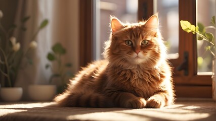 {A photorealistic depiction of a cute cat basking in the warm rays of sunlight inside a cozy apartment. The scene captures the detailed fur texture of the cat, the play of light and shadows in the int
