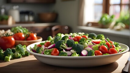 {A photorealistic depiction of a healthy farmer's market salad, showcasing a plate filled with fresh ingredients like broccoli, tomatoes, and onions. The image should capture the vibrant colors and te